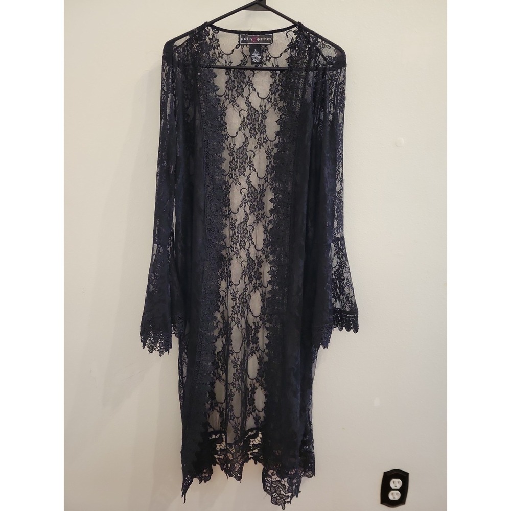 Polly and Esther Womens L Whimsy Goth Floral Black Lace Bell Sleeve Long Duster